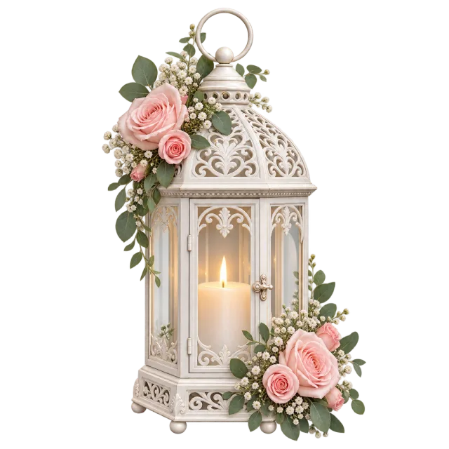 A white ornate lantern contains a candle and pink flowers