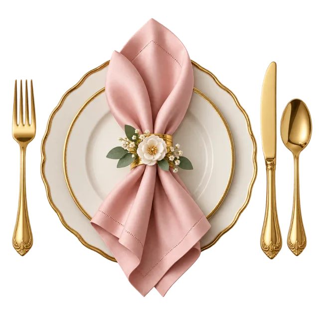 A white plate, gold-colored cutlery and pink napkin form a place setting