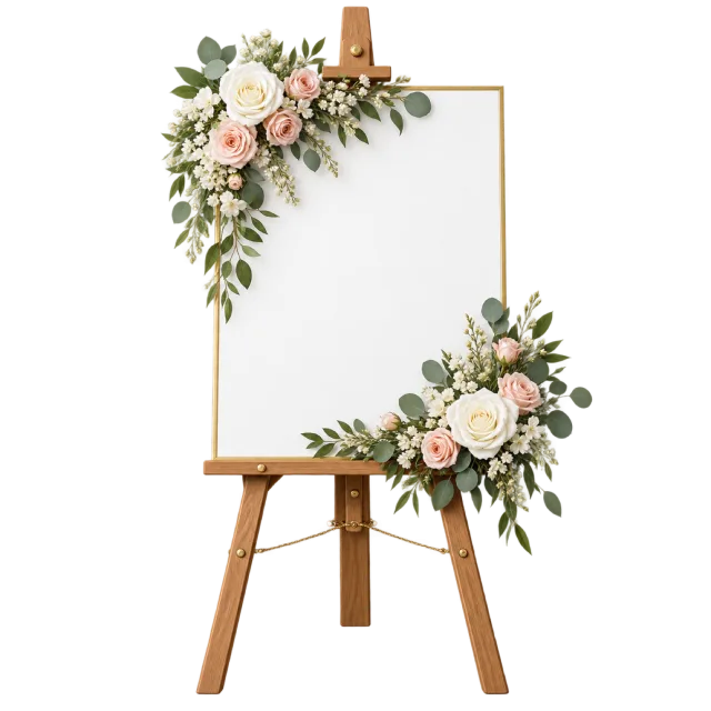 A blank floral sign rests on a wooden easel
