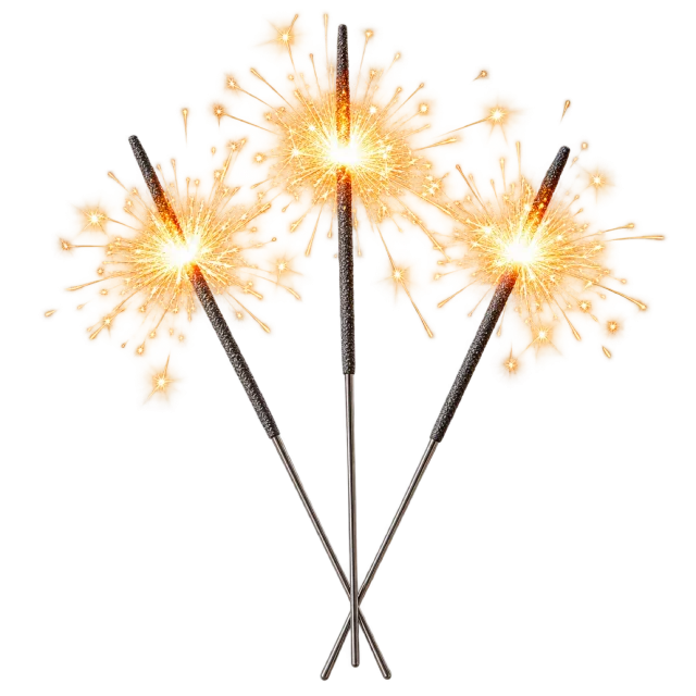 Three lit sparklers cross near their lower ends