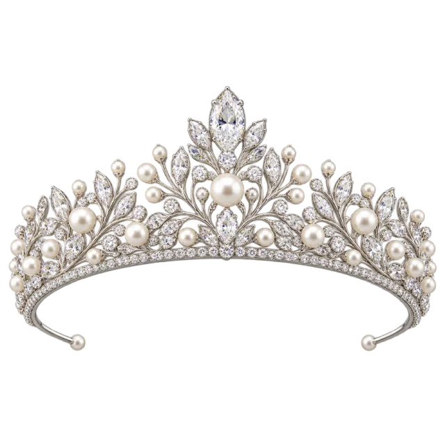 A silver-colored tiara has clear gem-like points and scrollwork