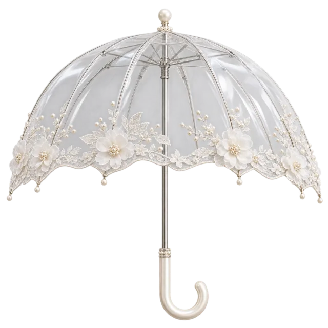 A clear umbrella has white floral lace around the edge
