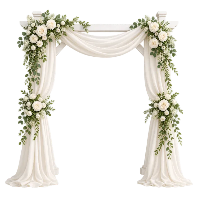 A white ceremony arch has soft drapes and white flowers
