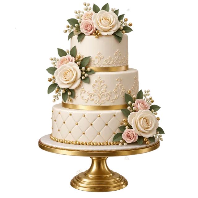 A three-tier cream wedding cake has pale roses and gold-colored accents