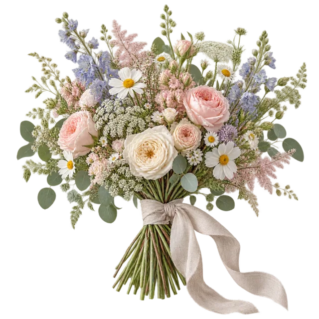 Pink, blue and cream wildflowers form a loosely tied bouquet