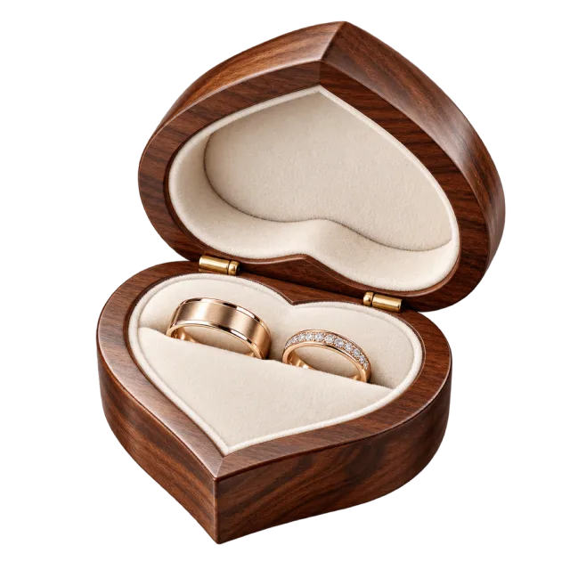 A heart-shaped wooden box holds two rings
