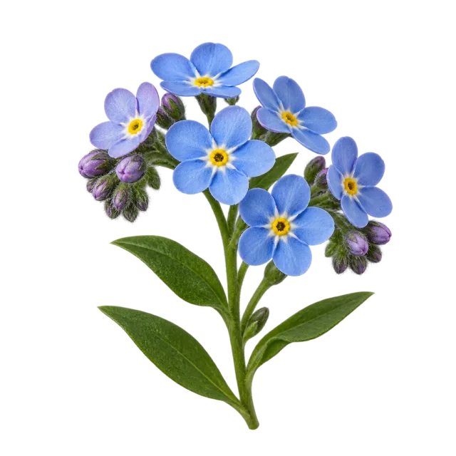 Spray of small blue forget-me-not flowers with yellow centers and unopened buds on a transparent background