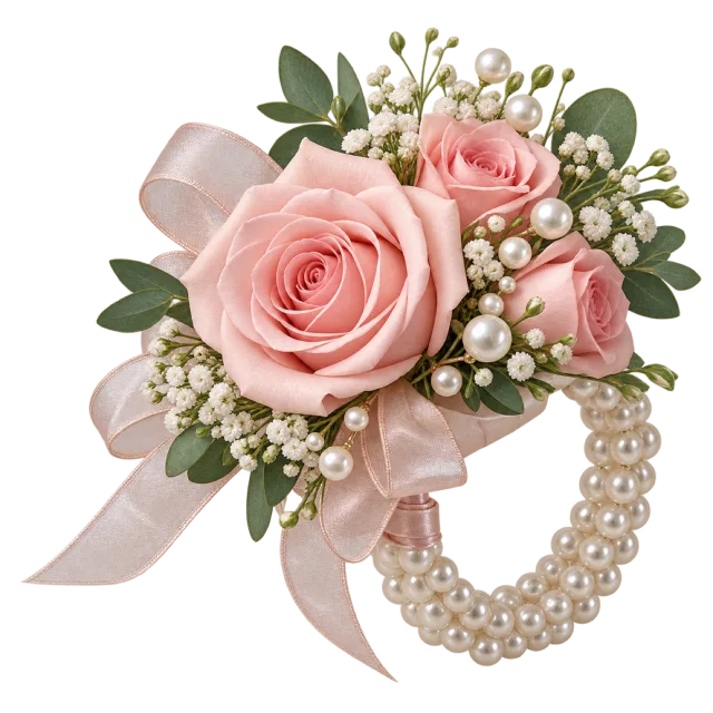 A pink rose wrist corsage has pale ribbon and pearl-like loops