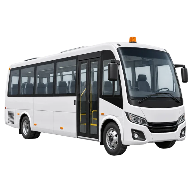 A white airport shuttle has large dark passenger windows