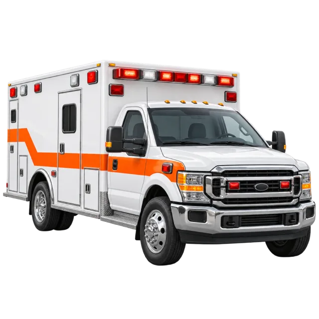 A white box-bodied ambulance has orange striping and roof lights