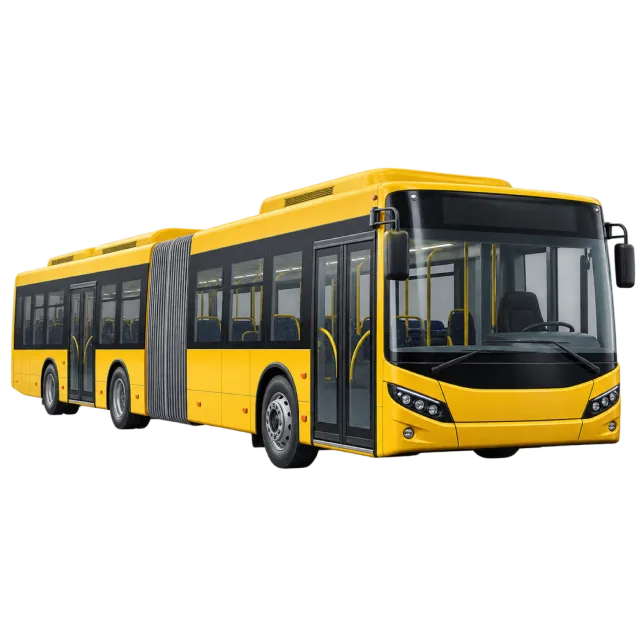 A long yellow city bus has an articulated middle section