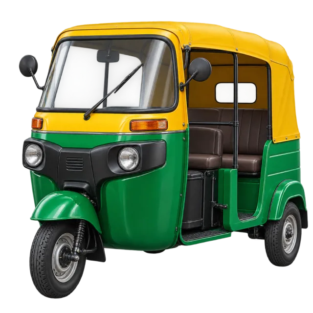 A green and yellow three-wheeled auto rickshaw has an open passenger side