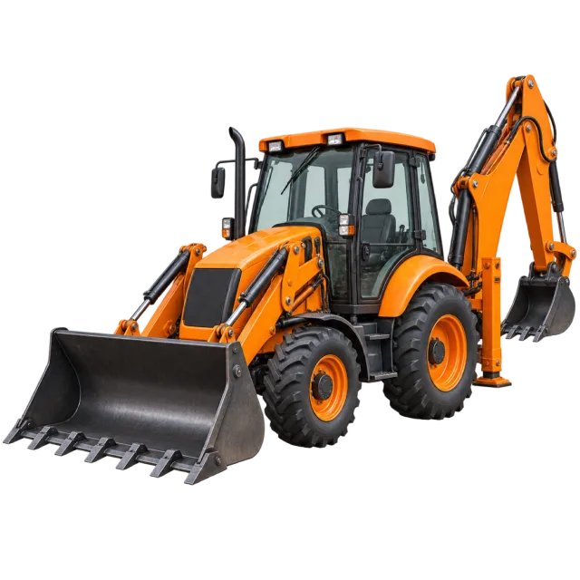 An orange backhoe loader has a front bucket and rear digging arm