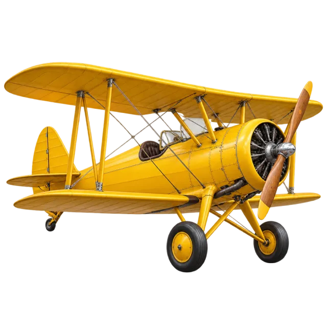 A yellow vintage biplane has stacked wings and a front propeller