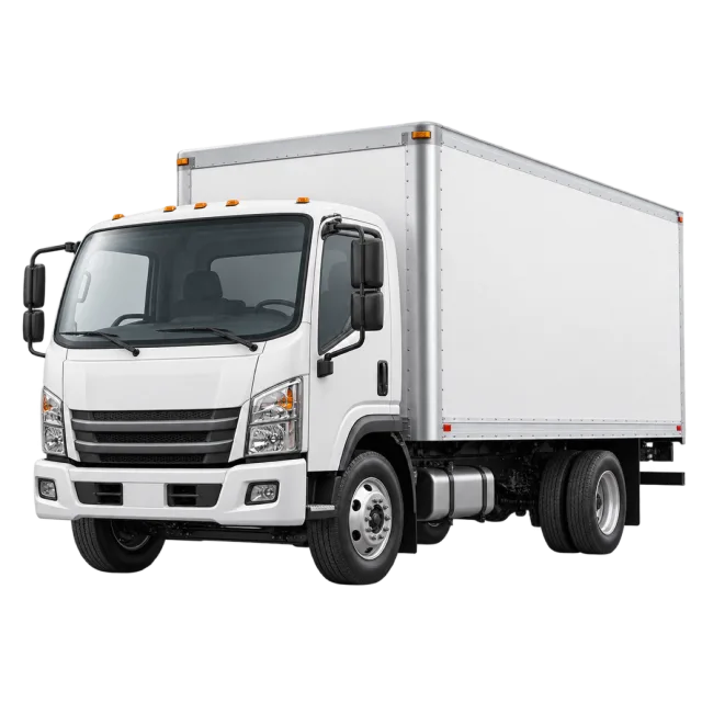 A white delivery truck has a tall rectangular cargo box