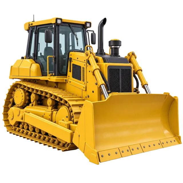 A yellow tracked bulldozer has a broad front blade