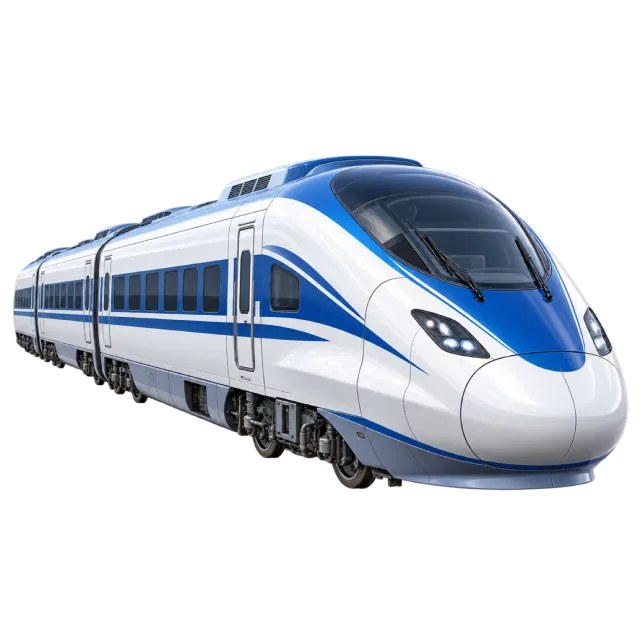 A streamlined white train has blue stripes and a pointed nose