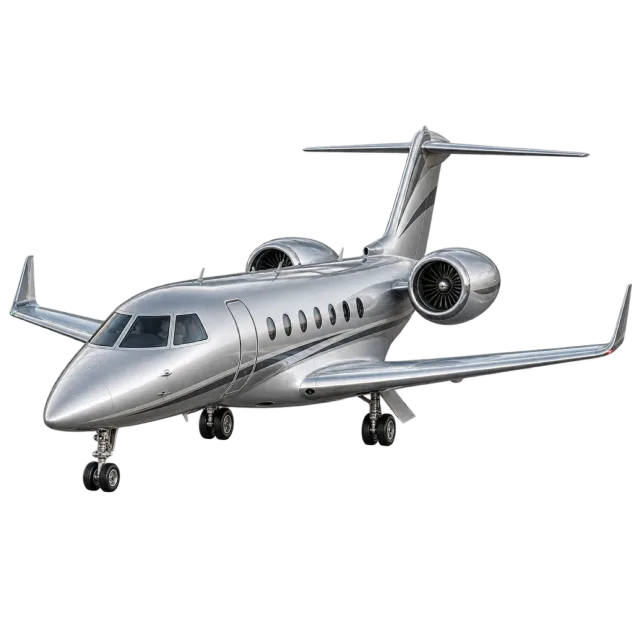 A silver business jet has rear-mounted engines