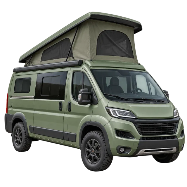 A green camper van has a raised pop-top roof