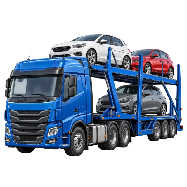 A blue transporter truck carries cars on two levels