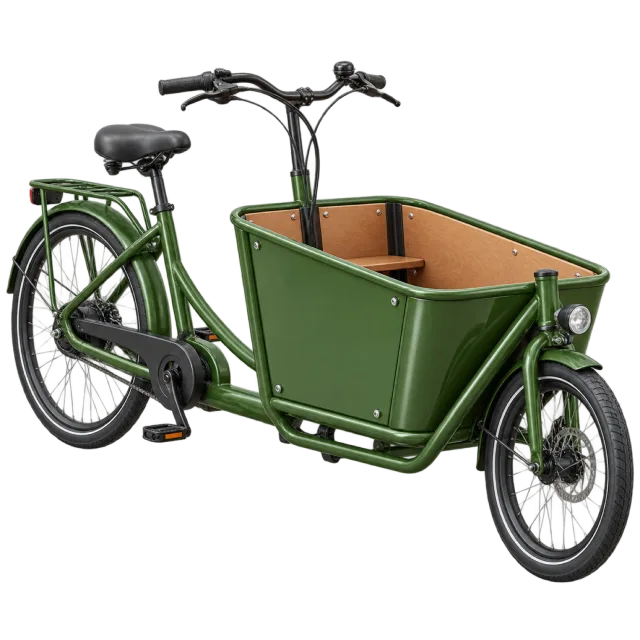 A green cargo bicycle has a large open front box