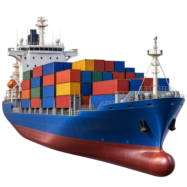 A blue cargo ship carries stacks of colored containers