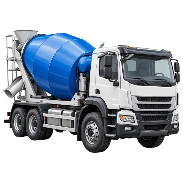 A white cement mixer truck has a blue and white rotating drum