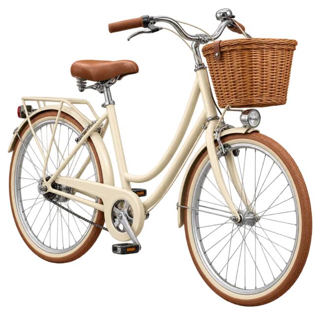 A cream city bicycle has a wicker front basket