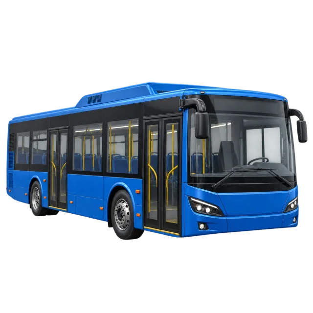 A blue city bus has large passenger windows