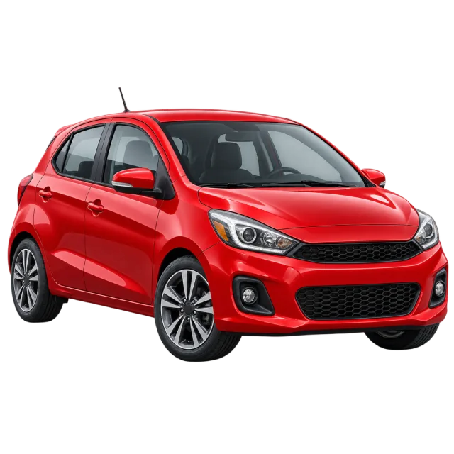 A red compact hatchback is shown from the front side