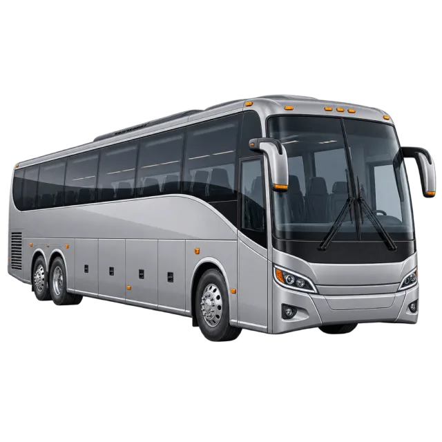 A silver coach bus has a long row of dark windows