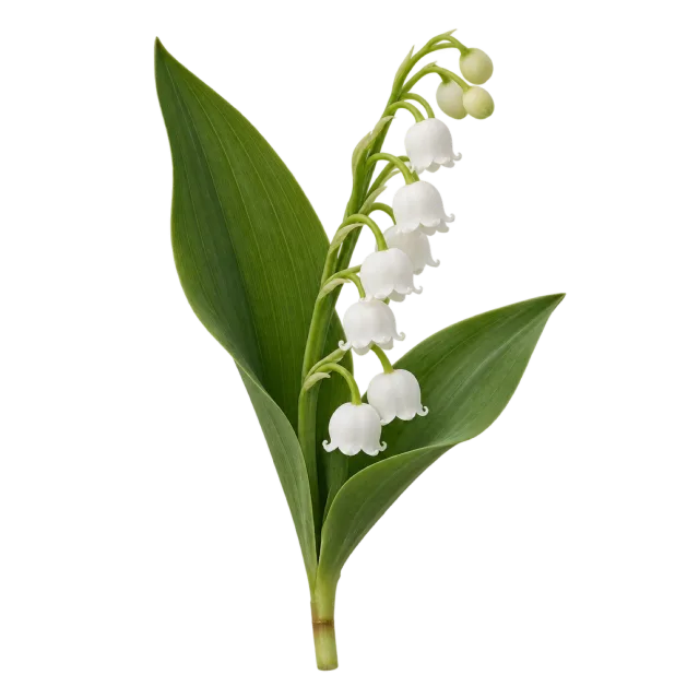 Arching stem of small white bell-shaped flowers beside broad green leaves on a transparent background