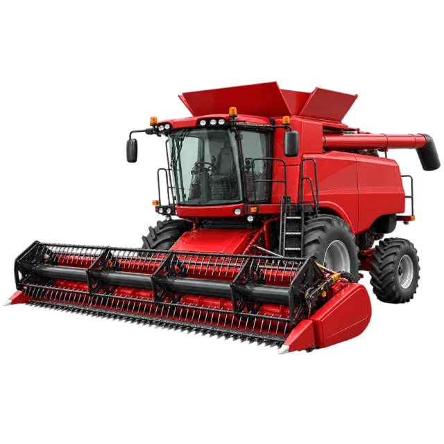 A red combine harvester has a wide front cutting assembly