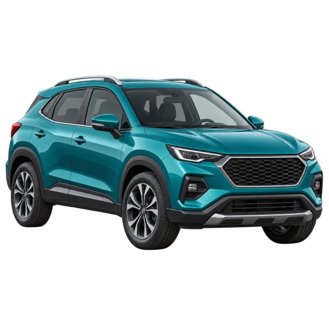 A teal compact SUV has dark wheels and roof rails