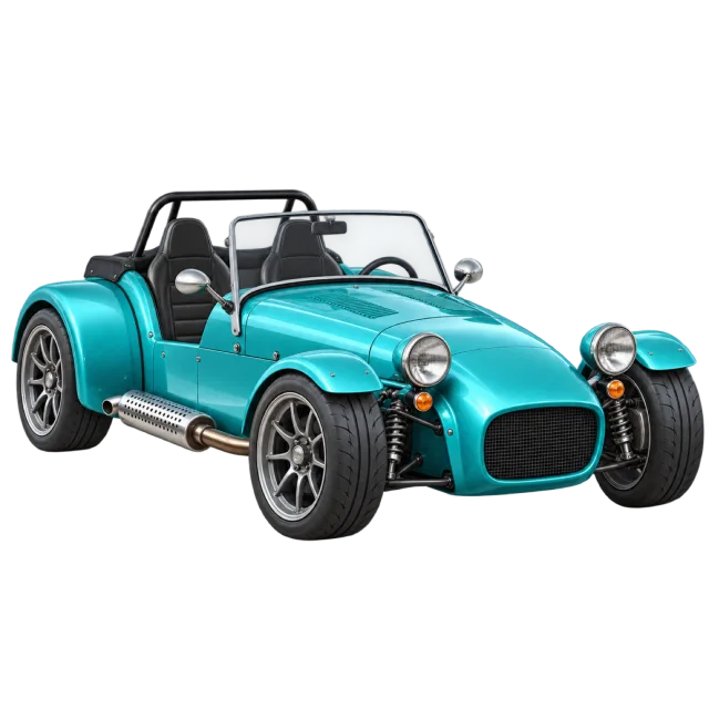A turquoise open-top roadster has exposed front wheel arches