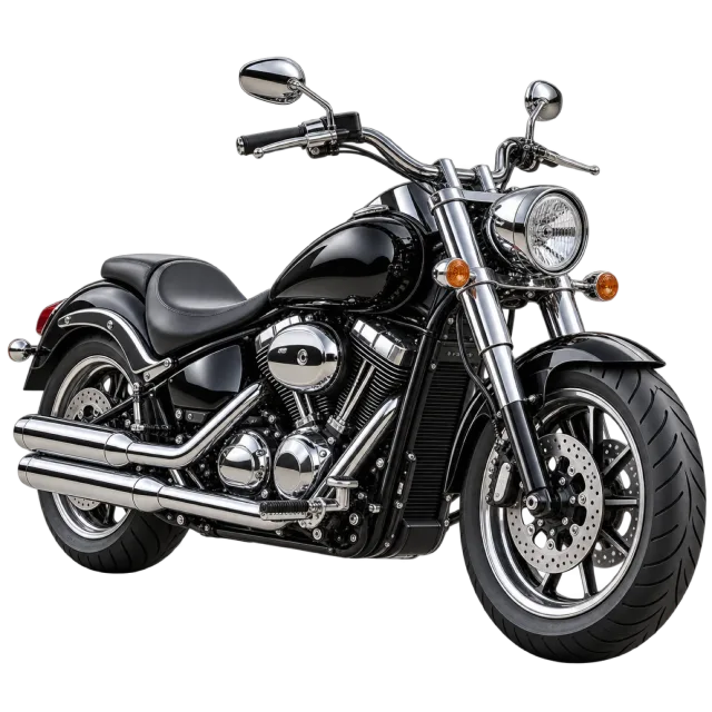 A black cruiser motorcycle has chrome-colored engine details