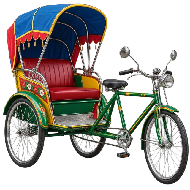 A decorated cycle rickshaw has a blue canopy and red seat