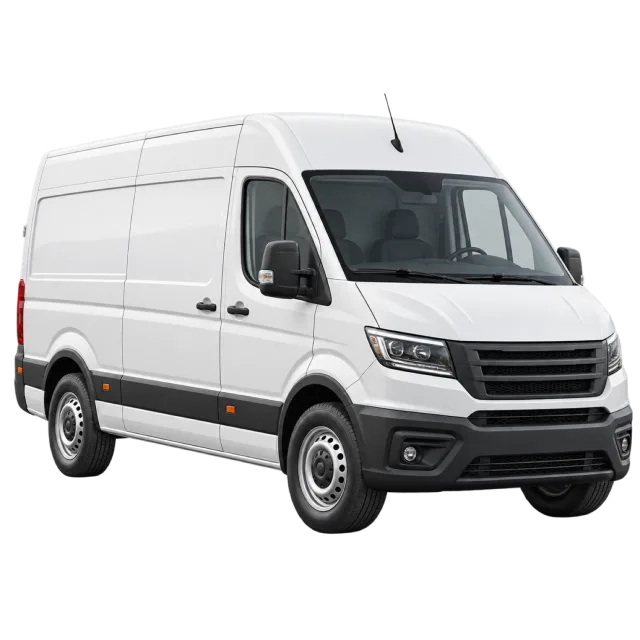 A white panel delivery van has a tall cargo body