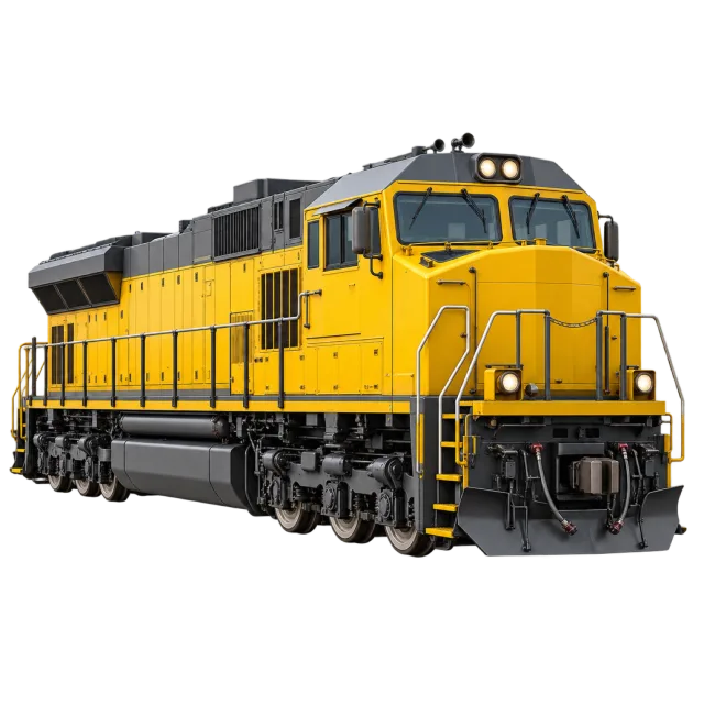 A yellow diesel locomotive has dark roof panels and side rails