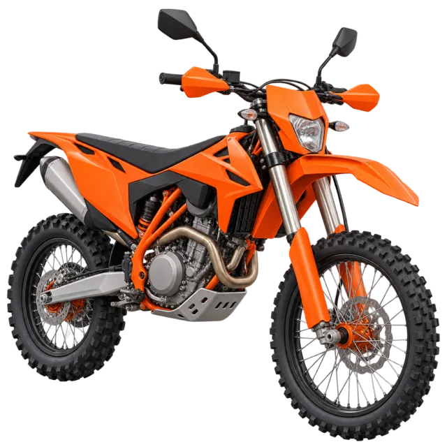 An orange off-road motorcycle has knobby tires