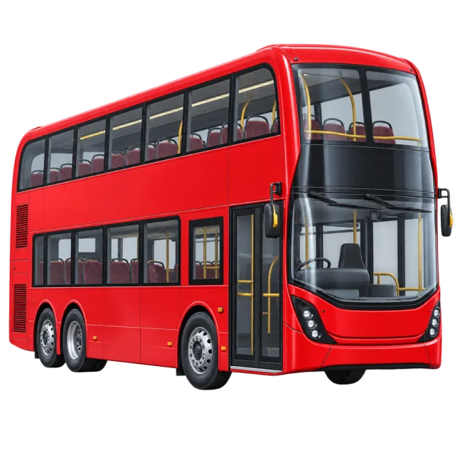 A red double-decker bus has two rows of windows