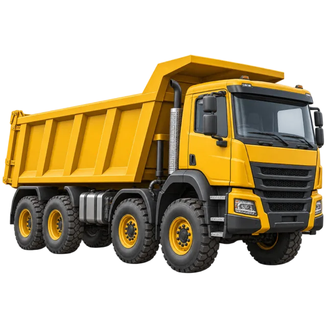 A yellow dump truck has a raised-sided cargo bed