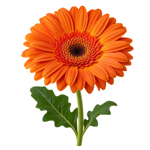 Bright orange gerbera flower with a dark central disk and a green stem on a transparent background