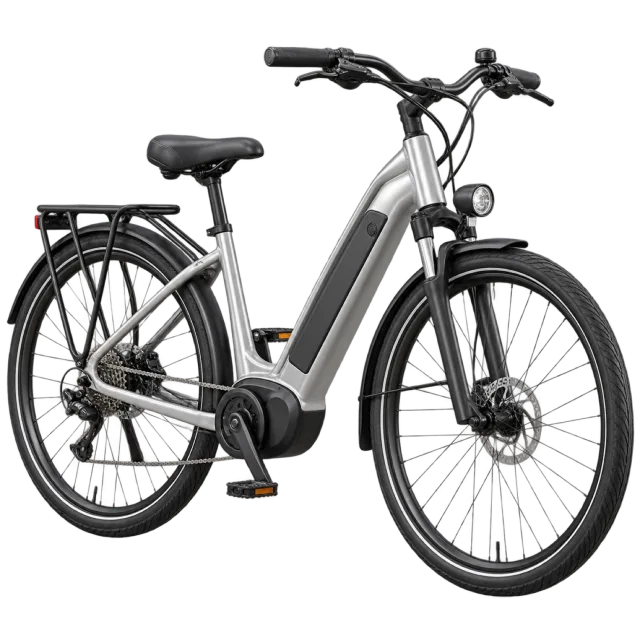 A gray electric bicycle has a rear rack and thick lower frame