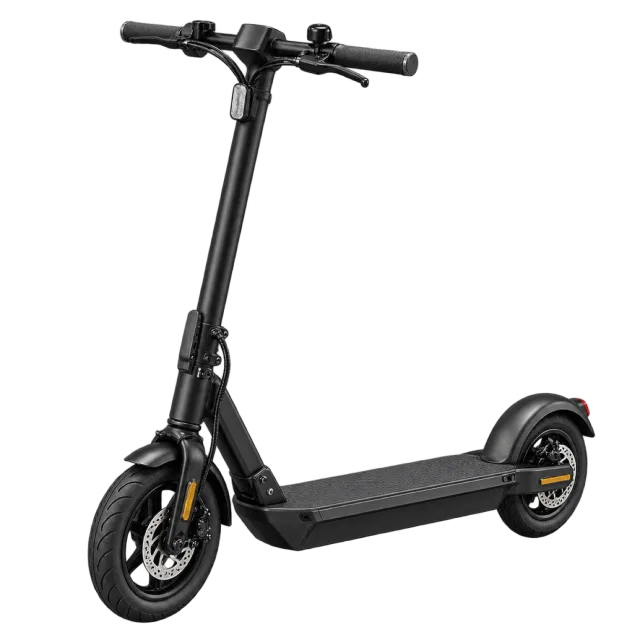 A black standing electric scooter has a narrow deck