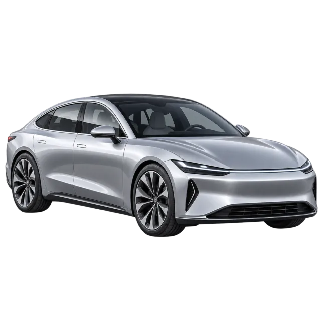 A silver electric-style sedan has a smooth front fascia
