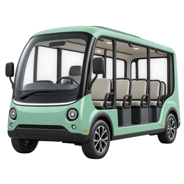 A mint-green passenger shuttle has a compact enclosed cabin