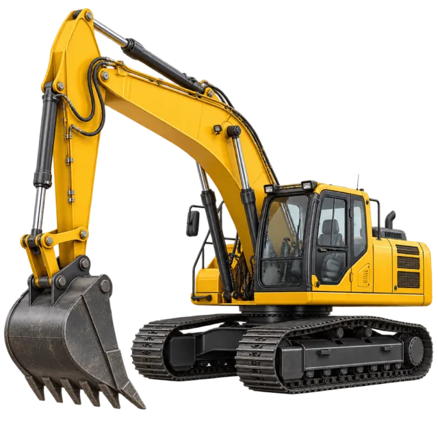 A yellow tracked excavator has a long digging arm and bucket