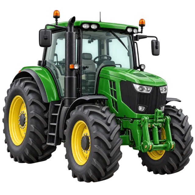 A green farm tractor has large rear tires and yellow wheels