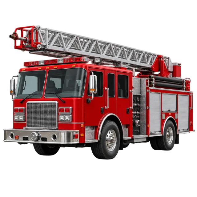 A red fire engine carries a roof-mounted ladder
